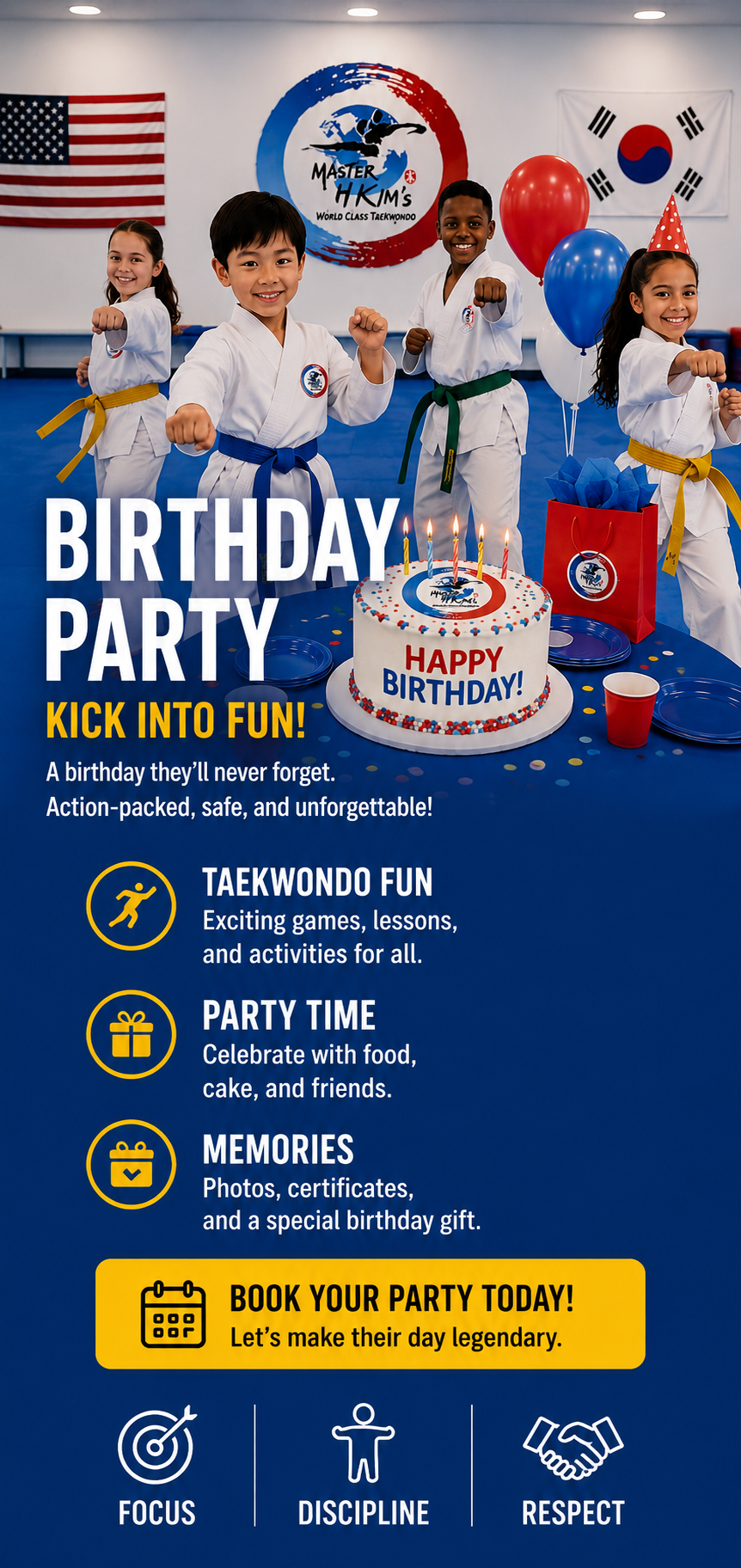 Kids celebrating birthday party with martial arts